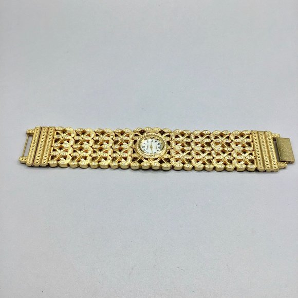 Vintage 90s Xanadu Watch Wide Band Jeweled Gold Tone and Crystals Ladies Watch - Picture 6 of 15